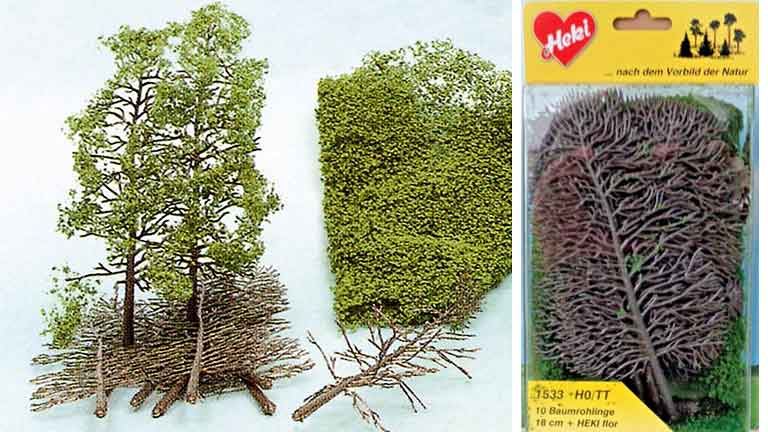HEKI 1533 — Лиственные деревья (10 каркасов высотой ~180 мм и листва), 1:35—1:120, сделано в Германии